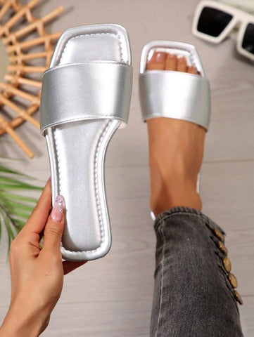 Sandálias Plus Size Slide, Novas Sandálias Rasas Pretas Bico Quadrado Primavera Verão, Combine com Vestidos para Fazer as Pernas Parecerem Mais Longas, Sandálias da Moda, Lindas Meninas Verão Praia Slip On Chinelos Antiderrapantes