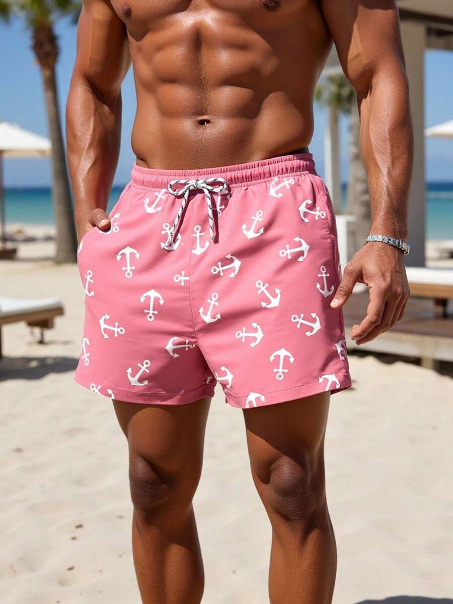 Manfinity Swimmode Shorts de praia masculinos casuais com estampa de âncora
