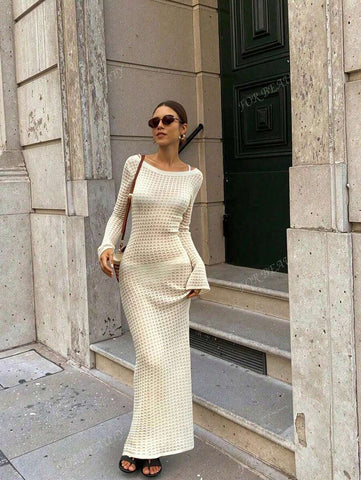 PARA BELEZA Vestido feminino primavera e verão, novo, bege, cor sólida, slim fit, sexy, sem costas, simples e atmosférico, de malha, manga comprida, lua de mel, casamento, temporada, praia, férias, estilo, transparente, vazado