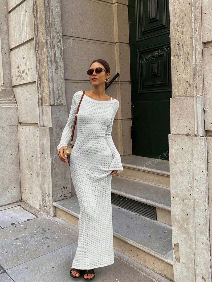 PARA BELEZA Vestido feminino primavera e verão, novo, bege, cor sólida, slim fit, sexy, sem costas, simples e atmosférico, de malha, manga comprida, lua de mel, casamento, temporada, praia, férias, estilo, transparente, vazado