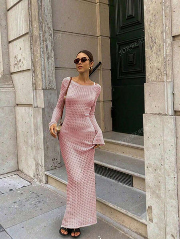 PARA BELEZA Vestido feminino primavera e verão, novo, bege, cor sólida, slim fit, sexy, sem costas, simples e atmosférico, de malha, manga comprida, lua de mel, casamento, temporada, praia, férias, estilo, transparente, vazado