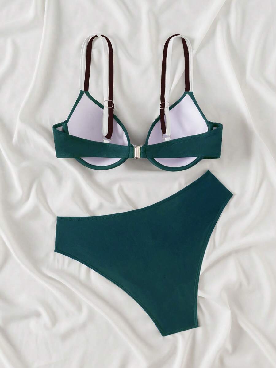 Swim Basics Conjunto de biquíni feminino com bojo push-up, 2 peças/conjunto, moda praia, férias, cor sólida, moda praia, verão