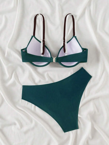 Swim Basics Conjunto de biquíni feminino com bojo push-up, 2 peças/conjunto, moda praia, férias, cor sólida, moda praia, verão