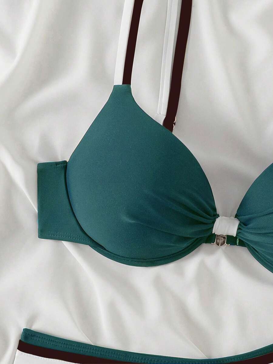 Swim Basics Conjunto de biquíni feminino com bojo push-up, 2 peças/conjunto, moda praia, férias, cor sólida, moda praia, verão