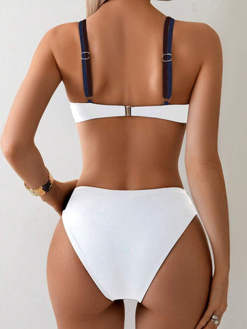 Swim Basics Conjunto de biquíni feminino com bojo push-up, 2 peças/conjunto, moda praia, férias, cor sólida, moda praia, verão