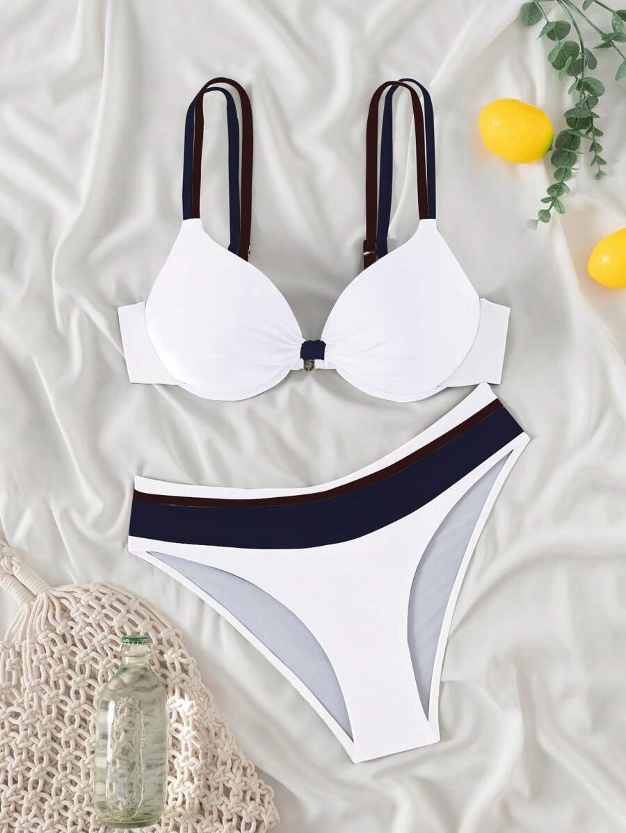 Swim Basics Conjunto de biquíni feminino com bojo push-up, 2 peças/conjunto, moda praia, férias, cor sólida, moda praia, verão