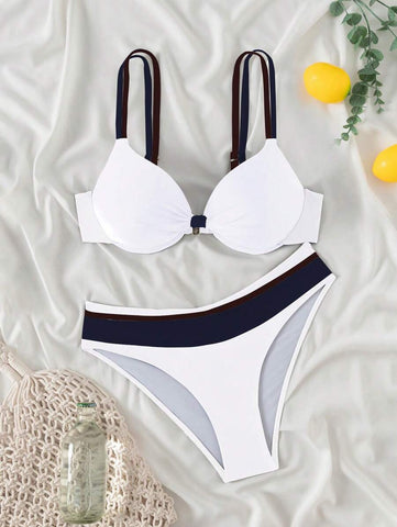Swim Basics Conjunto de biquíni feminino com bojo push-up, 2 peças/conjunto, moda praia, férias, cor sólida, moda praia, verão