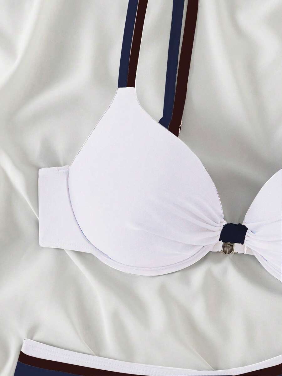 Swim Basics Conjunto de biquíni feminino com bojo push-up, 2 peças/conjunto, moda praia, férias, cor sólida, moda praia, verão