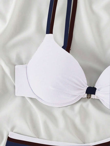 Swim Basics Conjunto de biquíni feminino com bojo push-up, 2 peças/conjunto, moda praia, férias, cor sólida, moda praia, verão