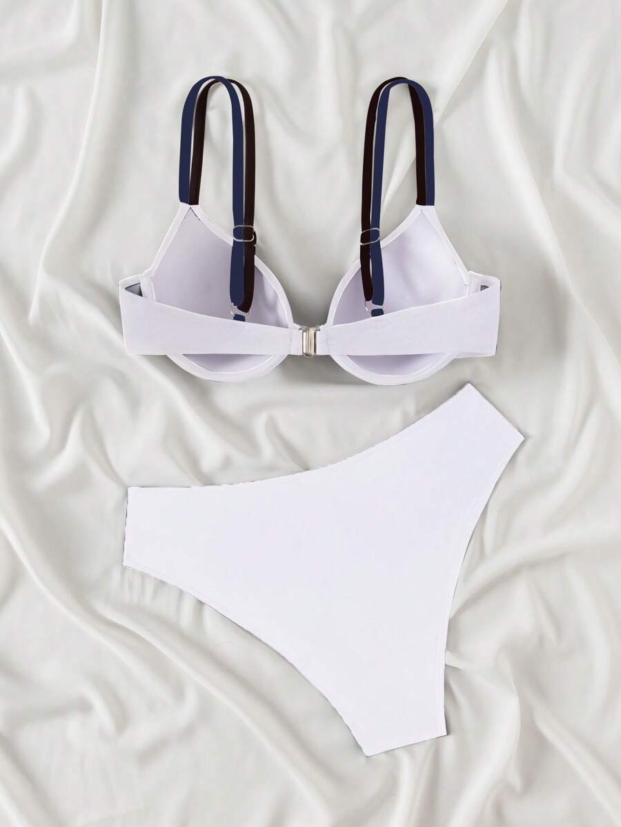 Swim Basics Conjunto de biquíni feminino com bojo push-up, 2 peças/conjunto, moda praia, férias, cor sólida, moda praia, verão