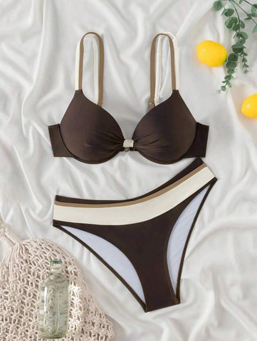 Swim Basics Conjunto de biquíni feminino com bojo push-up, 2 peças/conjunto, moda praia, férias, cor sólida, moda praia, verão