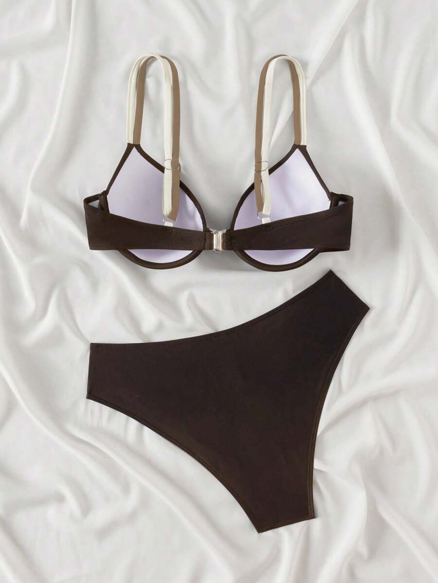 Swim Basics Conjunto de biquíni feminino com bojo push-up, 2 peças/conjunto, moda praia, férias, cor sólida, moda praia, verão
