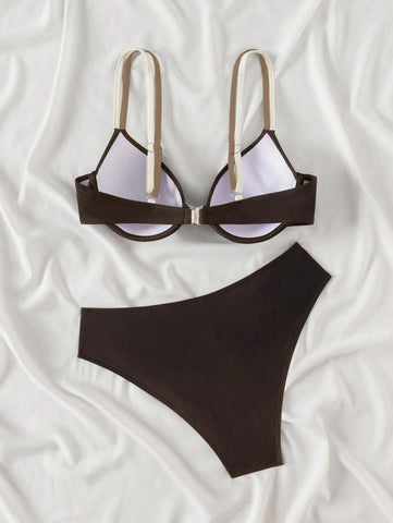 Swim Basics Conjunto de biquíni feminino com bojo push-up, 2 peças/conjunto, moda praia, férias, cor sólida, moda praia, verão