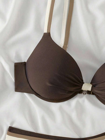 Swim Basics Conjunto de biquíni feminino com bojo push-up, 2 peças/conjunto, moda praia, férias, cor sólida, moda praia, verão