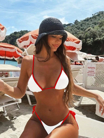 Conjunto de biquíni feminino com contraste de cores e bandeau sexy para férias de primavera, separado, praia, traje de banho