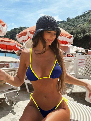 Conjunto de biquíni feminino com contraste de cores e bandeau sexy para férias de primavera, separado, praia, traje de banho