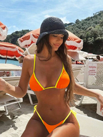 Conjunto de biquíni feminino com contraste de cores e bandeau sexy para férias de primavera, separado, praia, traje de banho