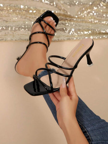 Sandálias femininas plus size confortáveis, simples, cruzadas, bico quadrado, salto alto, salto agulha, sapatos casuais, moda praia, para o verão