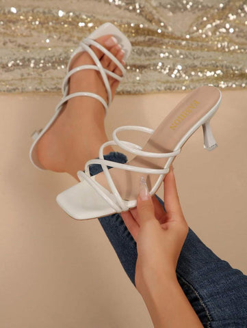 Sandálias femininas plus size confortáveis, simples, cruzadas, bico quadrado, salto alto, salto agulha, sapatos casuais, moda praia, para o verão