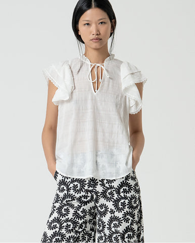 Blusa gola mandarim aberta com mangas bufantes Branco