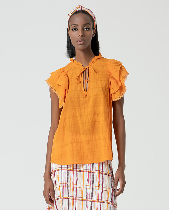 Blusa gola mandarim aberta com mangas bufantes Laranja