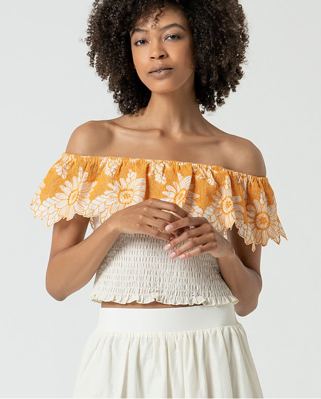 Blusa gola mandarim aberta com mangas bufantes Laranja