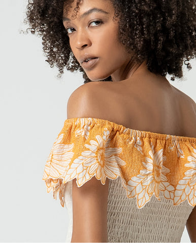 Blusa gola mandarim aberta com mangas bufantes Laranja