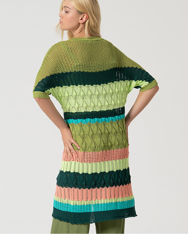 Cardigan longo de crochê abotoado Verde