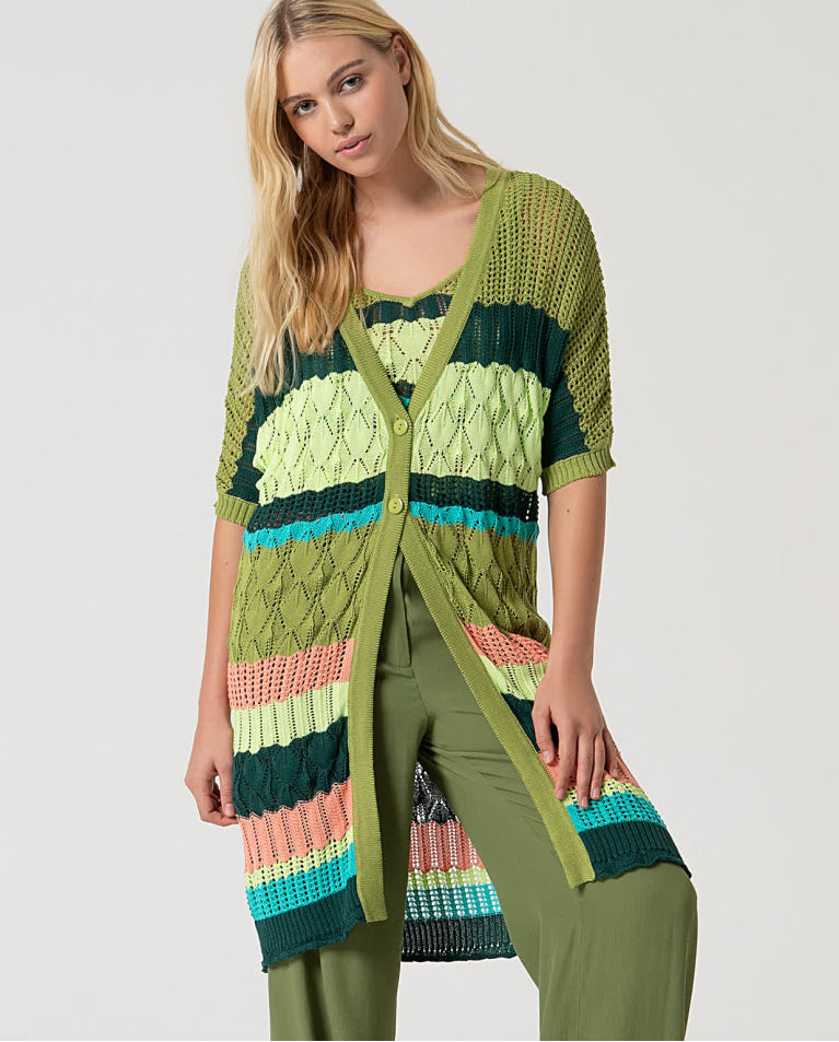Cardigan longo de crochê abotoado Verde